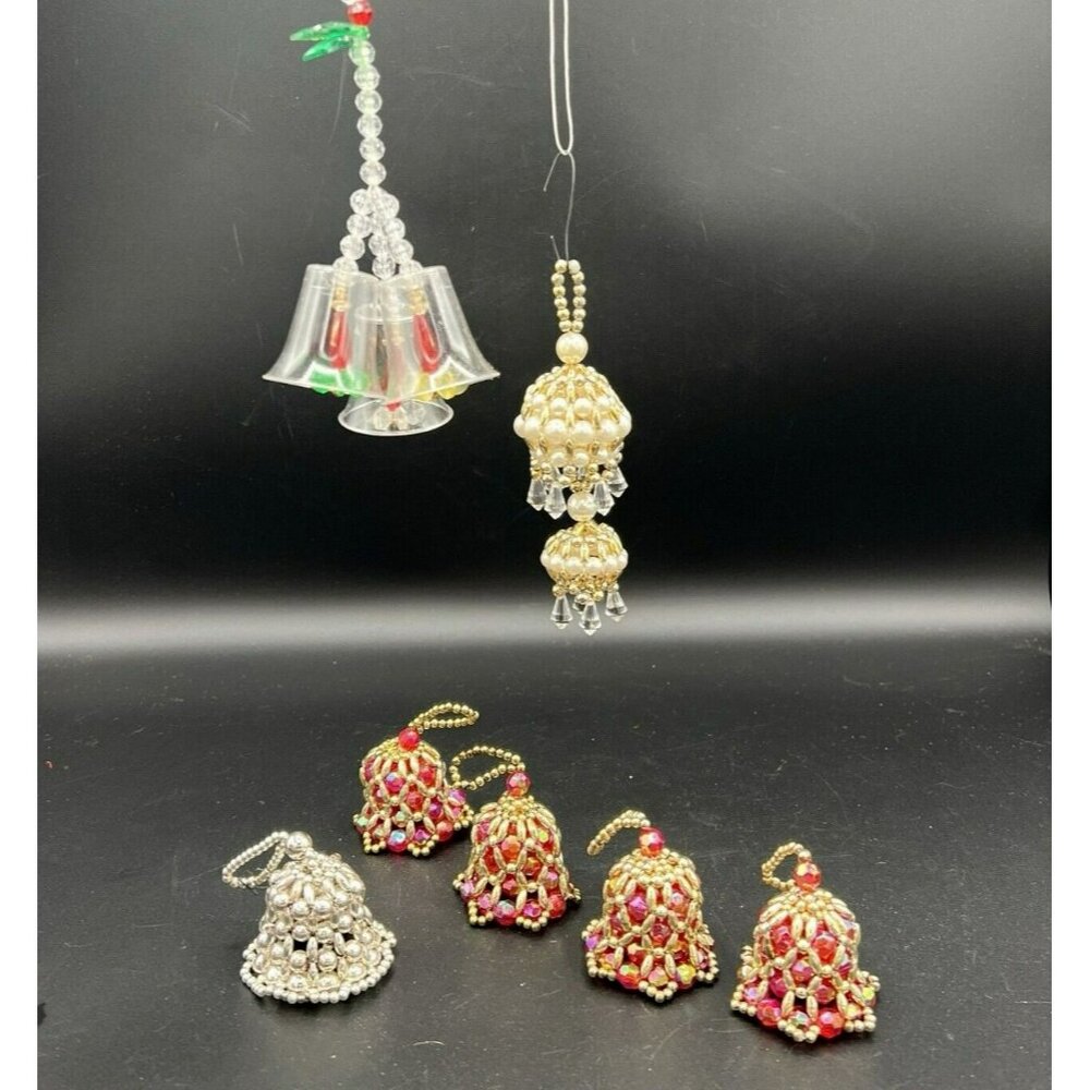 VTG Handmade Christmas Ornaments‎ Bells Set of 7 Acrylic Beads Pink Silver Gold